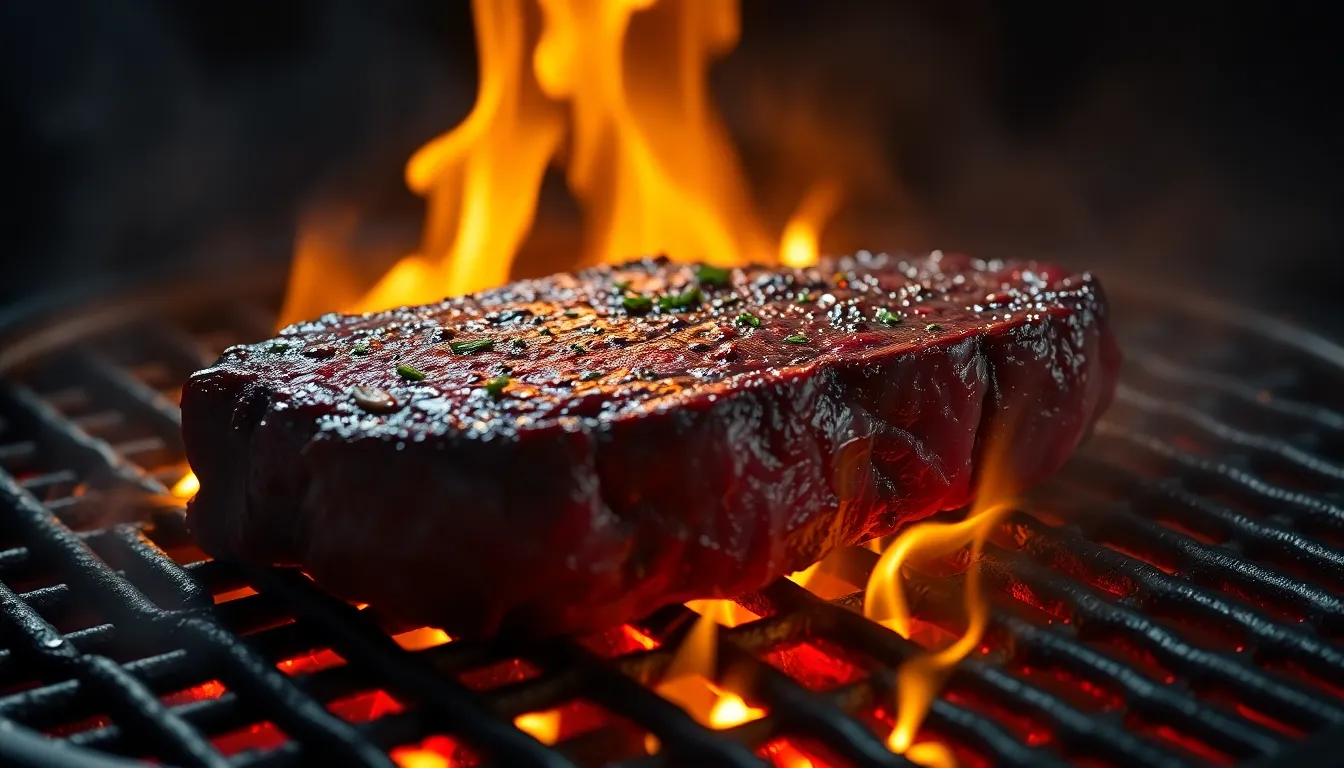 Thick ribeye steak sizzling on a cast iron pan